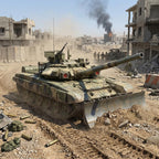 A military tank destroyer with a long cannon and front blade drives through a dusty war-torn city street, surrounded by damaged buildings, debris, and a plume of black smoke in the distance.