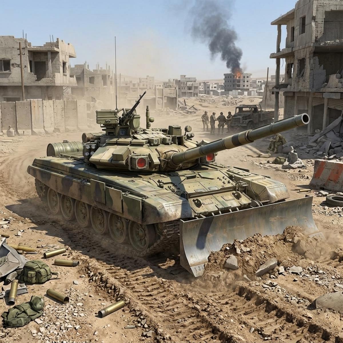 A military tank destroyer with a long cannon and front blade drives through a dusty war-torn city street, surrounded by damaged buildings, debris, and a plume of black smoke in the distance.