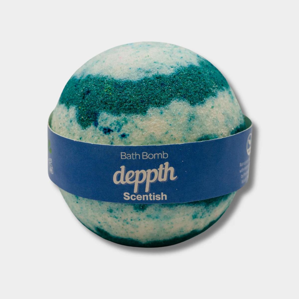 Deep blue masculine bath bomb with cologne-inspired scent profile