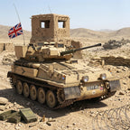 A military armored vehicle in desert terrain with a small watchtower structure behind it, sandbags, hills in the background, and a Union Jack flag attached to the vehicle. This is a real environment scene, so subject_type is Lifestyle rather than Product/Packaging.