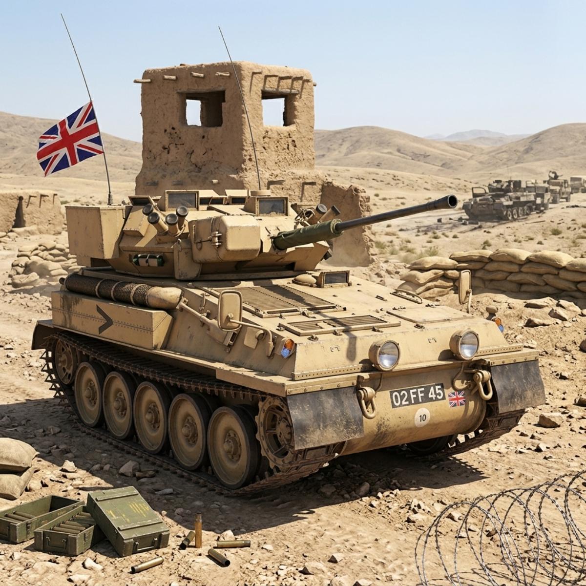 A military armored vehicle in desert terrain with a small watchtower structure behind it, sandbags, hills in the background, and a Union Jack flag attached to the vehicle. This is a real environment scene, so subject_type is Lifestyle rather than Product/Packaging.
