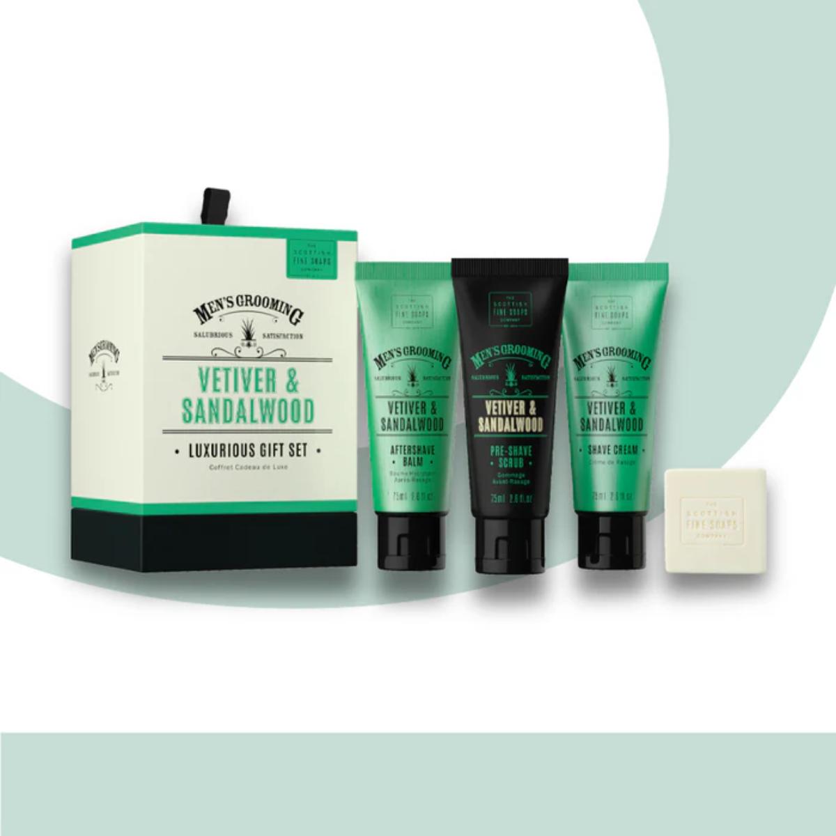 Men's Grooming Vetiver & Sandalwood luxurious gift set on a light green background