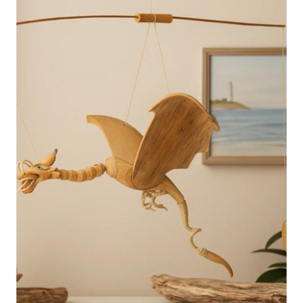 Handcrafted large natural coconut dragon mobile, 46cm hanging wall decor with boho tropical style