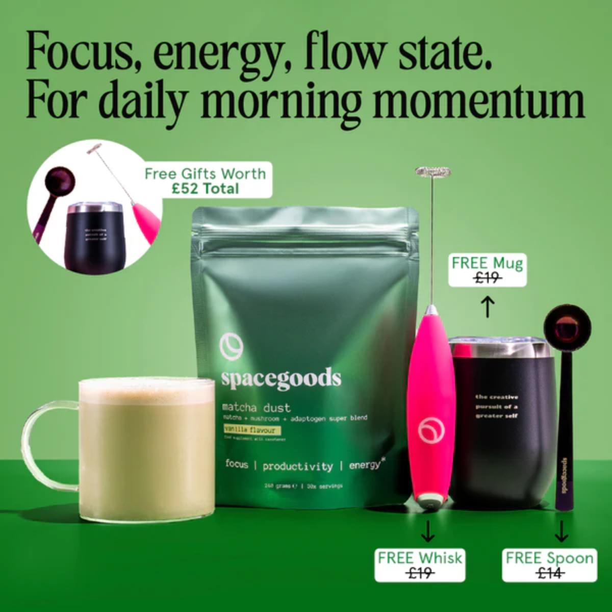 Matcha Dust Starter Kit with matcha blend, ceramic mug, whisk, and spoon – Spacegoods UK