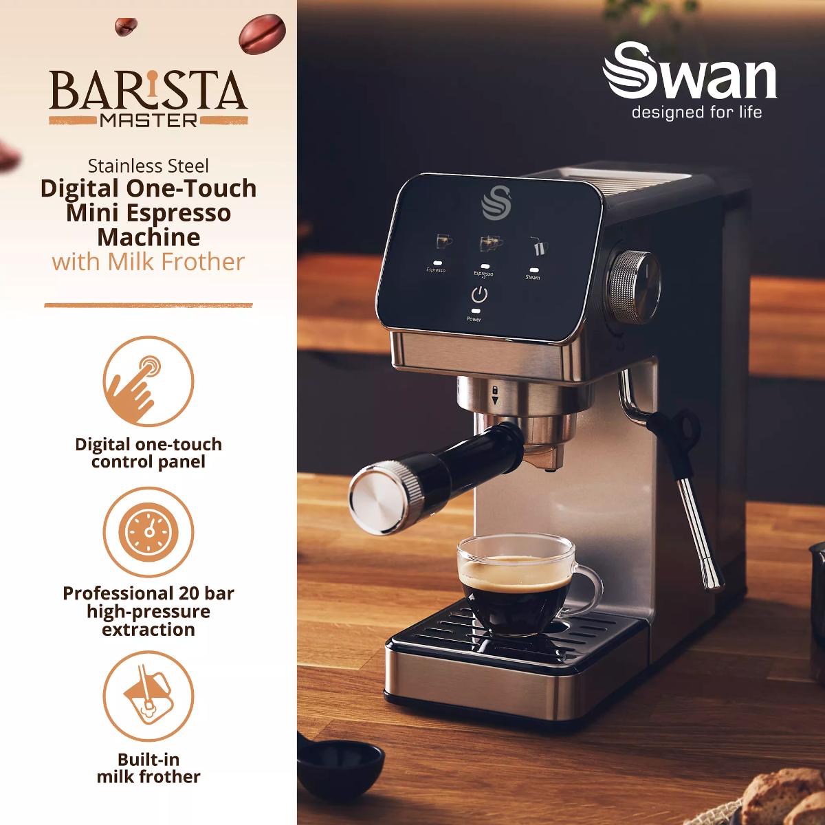 Swan Digital One-Touch Mini Espresso Machine stainless steel