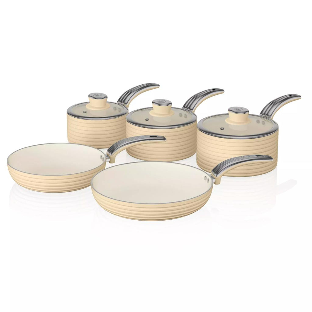 Swan Retro 5 Piece Pan Set sky blue pans set of saucepans and frying pans