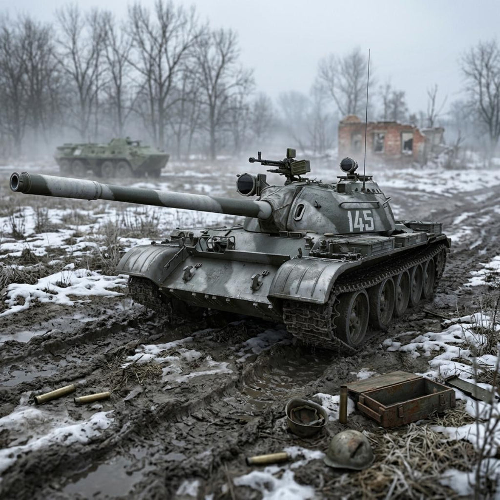 A military tank destroyer with the number 145 painted on its side, positioned in a muddy, snow-dusted battlefield clearing with bare trees and a damaged building in the background.