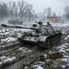 A military tank destroyer with the number 145 painted on its side, positioned in a muddy, snow-dusted battlefield clearing with bare trees and a damaged building in the background.