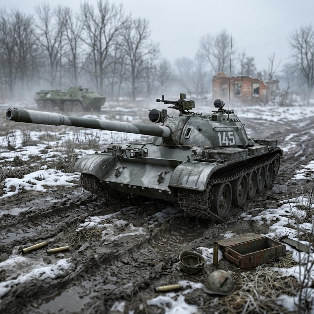 A military tank destroyer with the number 145 painted on its side, positioned in a muddy, snow-dusted battlefield clearing with bare trees and a damaged building in the background.