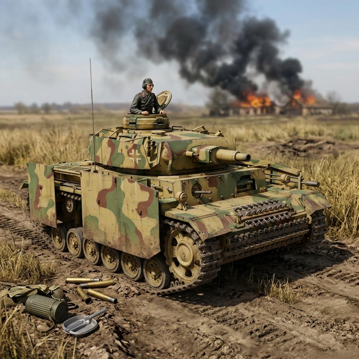 A military tank with a green, brown, and tan camouflage pattern is positioned in a dirt field. A soldier is visible in the turret, and the background shows a burning building with dark smoke under a hazy sky.