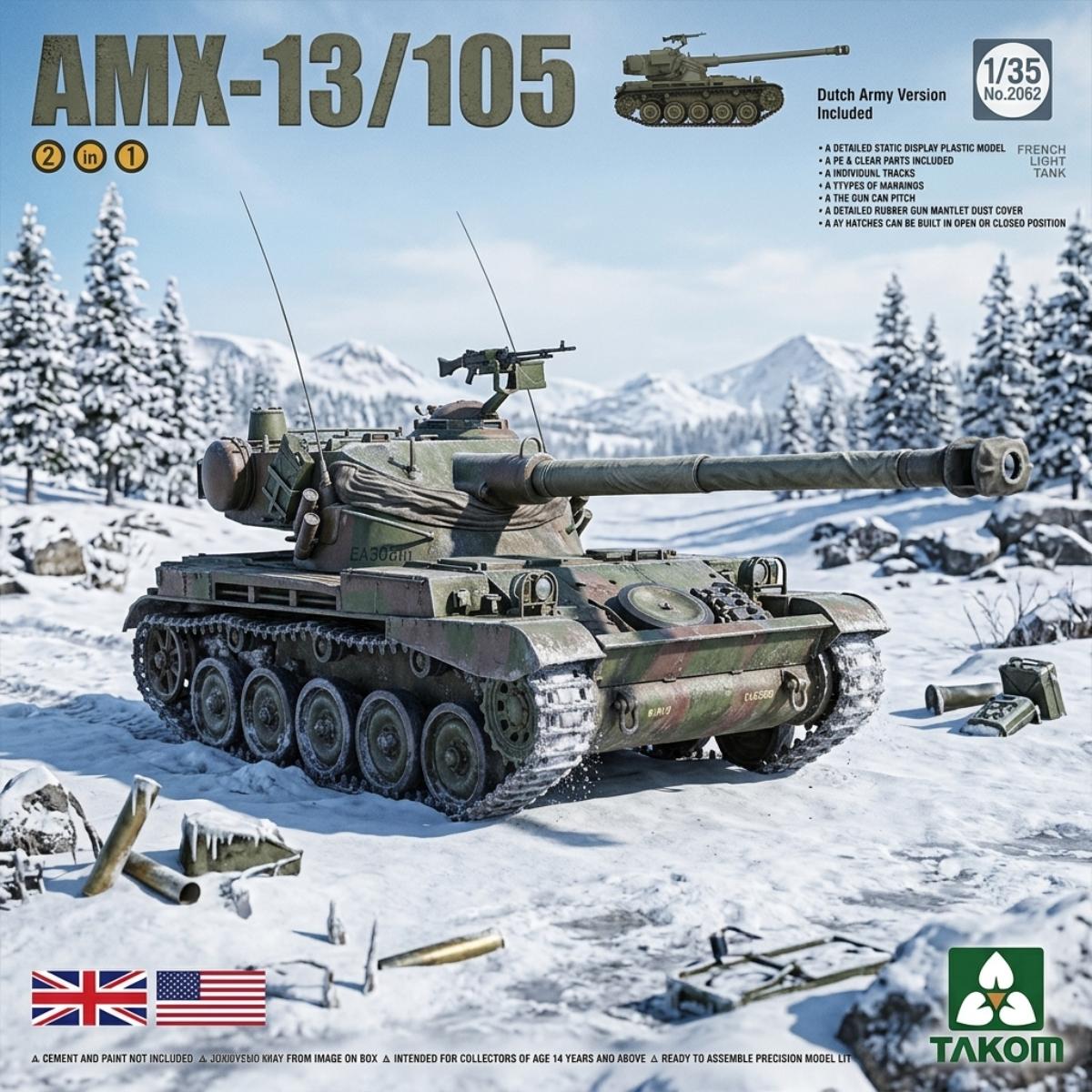 Box art for a Takom AMX-13/105 Dutch Army Version model kit, showing a painted military tank in a snowy mountain landscape. The box includes product text, a small vehicle inset, flags, and the Takom logo.