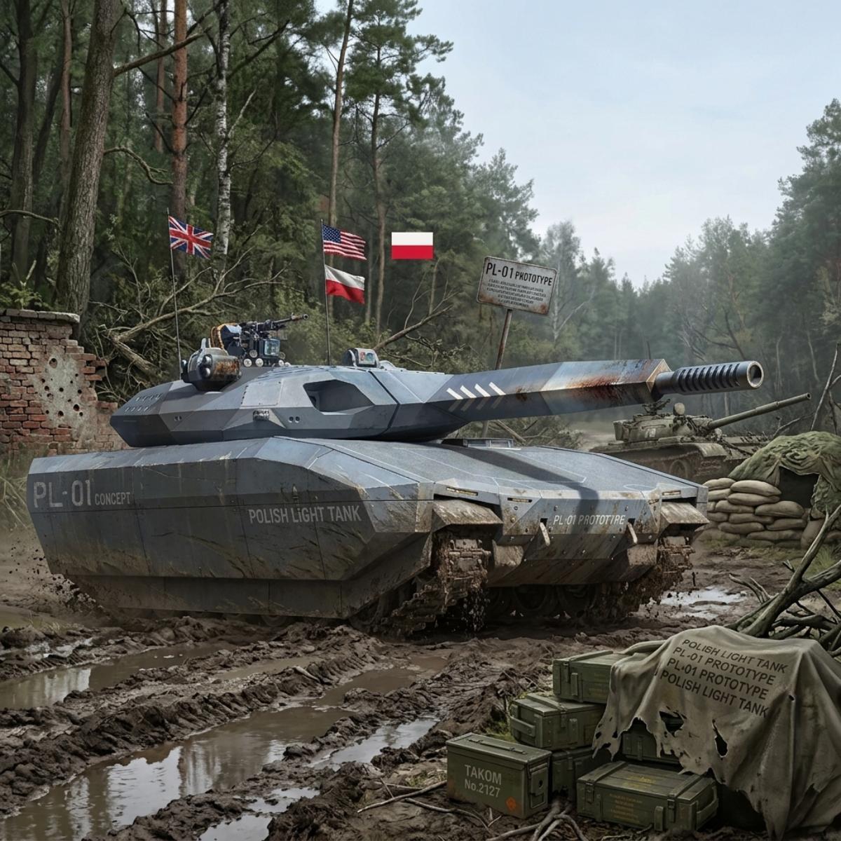 pl 01 tank destroyer in a muddy forest battlefield scene, with flags, sandbags, crates, and a signpost visible in the background.