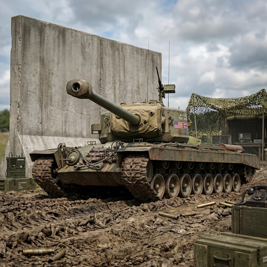 A military tank with a camouflage cover on its turret stands in a muddy outdoor training area in front of a large concrete wall under a cloudy sky.