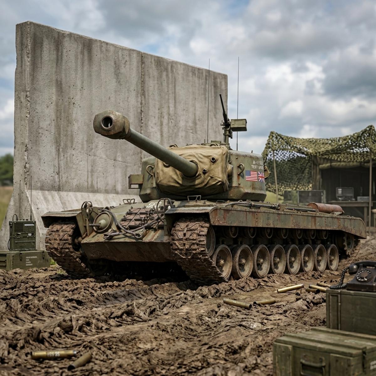 A military tank with a camouflage cover on its turret stands in a muddy outdoor training area in front of a large concrete wall under a cloudy sky.
