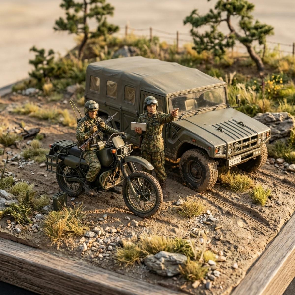 Tamiya JGSDF Recon Motorcycle & HMV set assembled model diorama