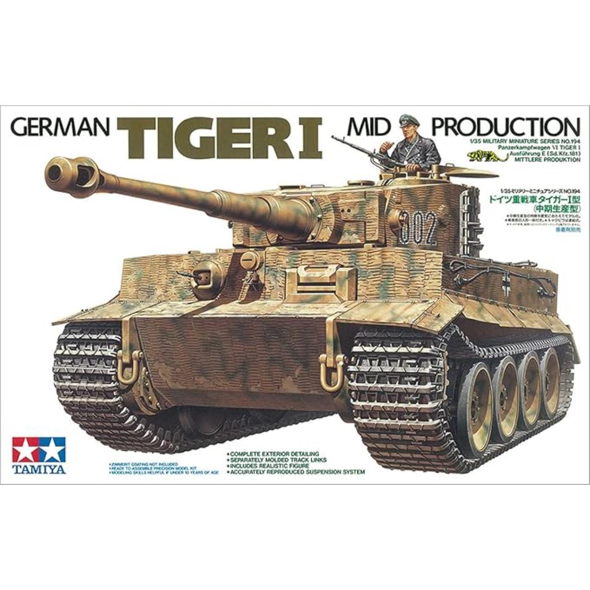 Tamiya 1:35 Tiger I Mid-Production Tank model kit box art
