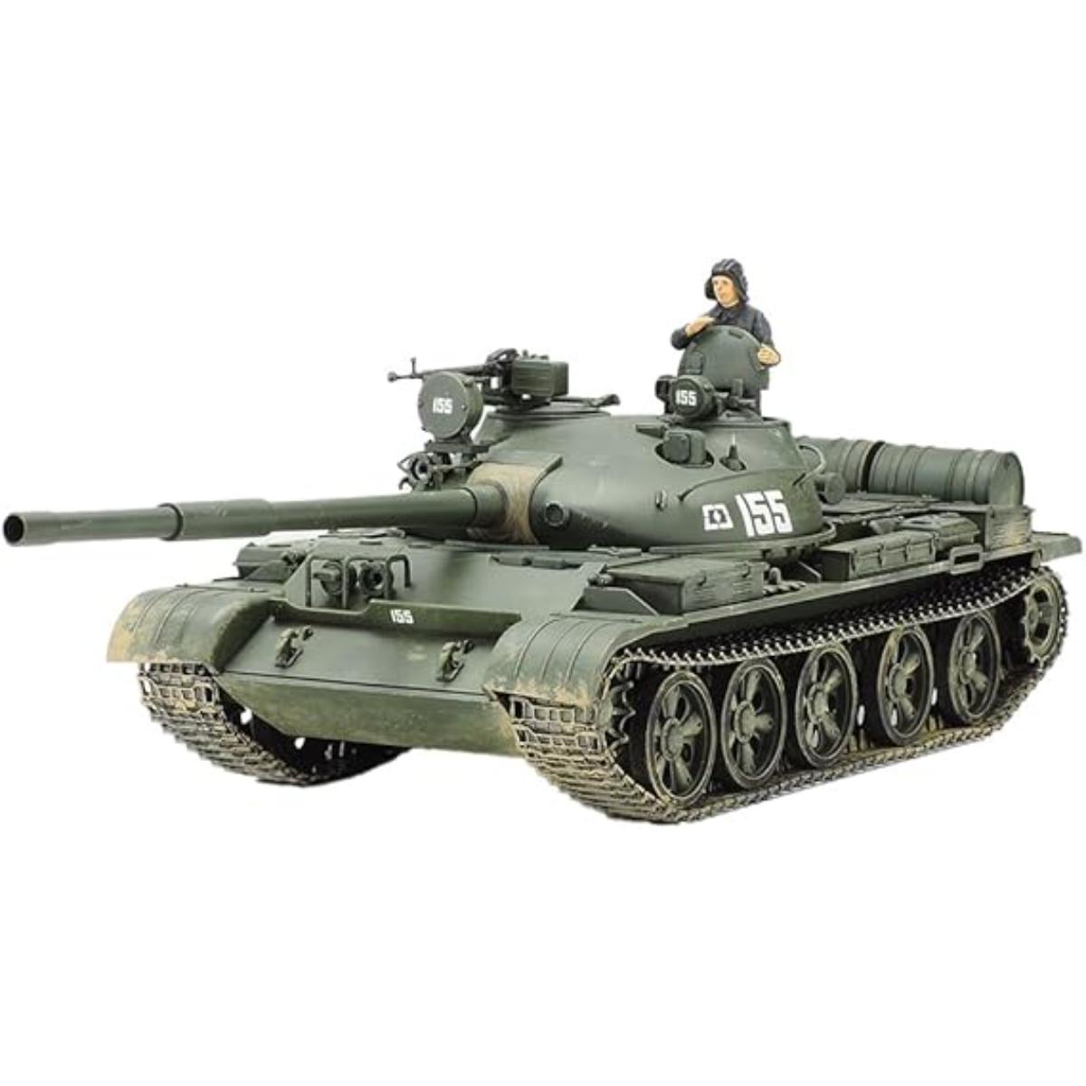 Tamiya Russian T-62A tank model kit box art and model detail image
