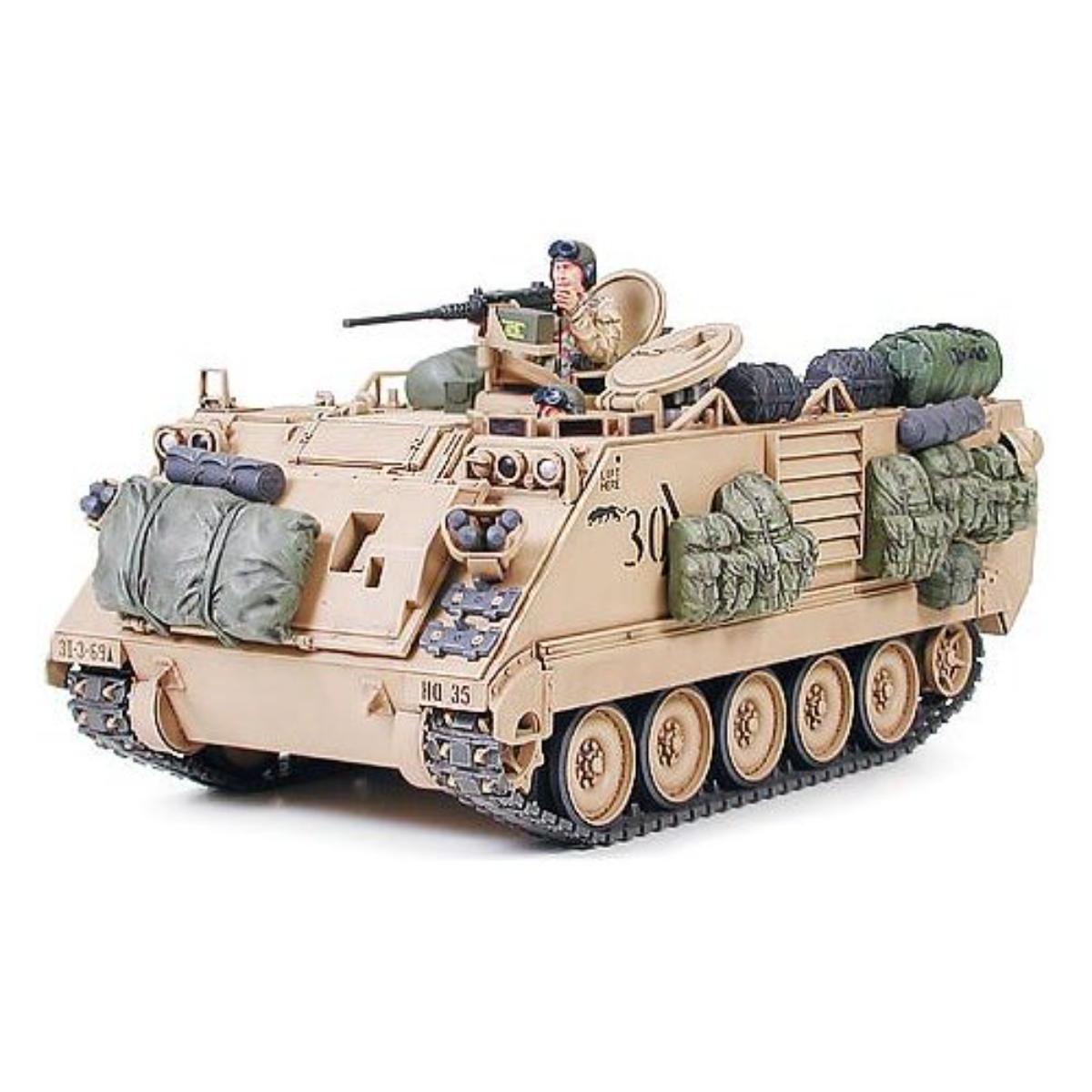 Tamiya 1/35 scale M113 A2 Desert Armored Personnel Carrier military model kit with realistic desert camouflage