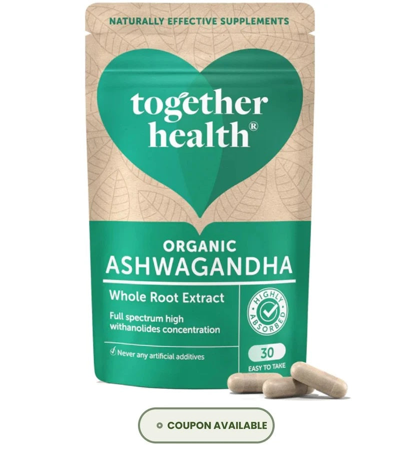 A stand-up pouch of Together Health Organic Ashwagandha Whole Root Extract supplement, shown on a white background with three capsules in front and a 'Coupon Available' label below.