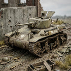 A detailed miniature model of a vintage military tank destroyer, styled in a diorama of a war-torn ruin with debris, bullet casings, and a helmet on the ground.