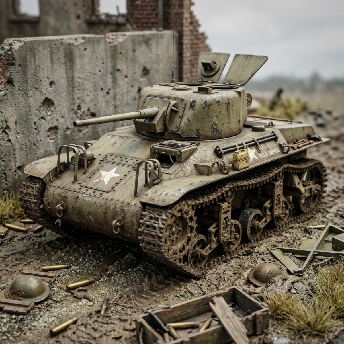 A detailed miniature model of a vintage military tank destroyer, styled in a diorama of a war-torn ruin with debris, bullet casings, and a helmet on the ground.