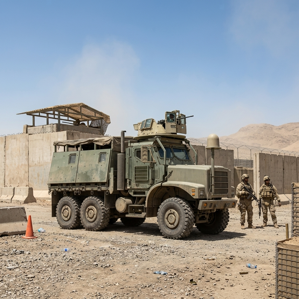 An olive green military utility truck parked on a dusty desert checkpoint, with two soldiers standing nearby under a clear blue sky.