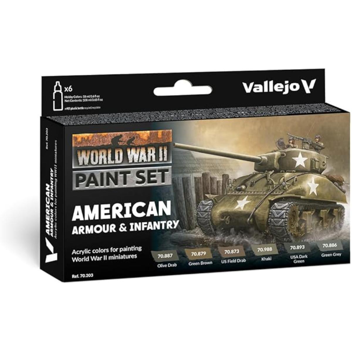 Vallejo Model Color WWII American Armor & Infantry paint set – six 17 ml bottles
