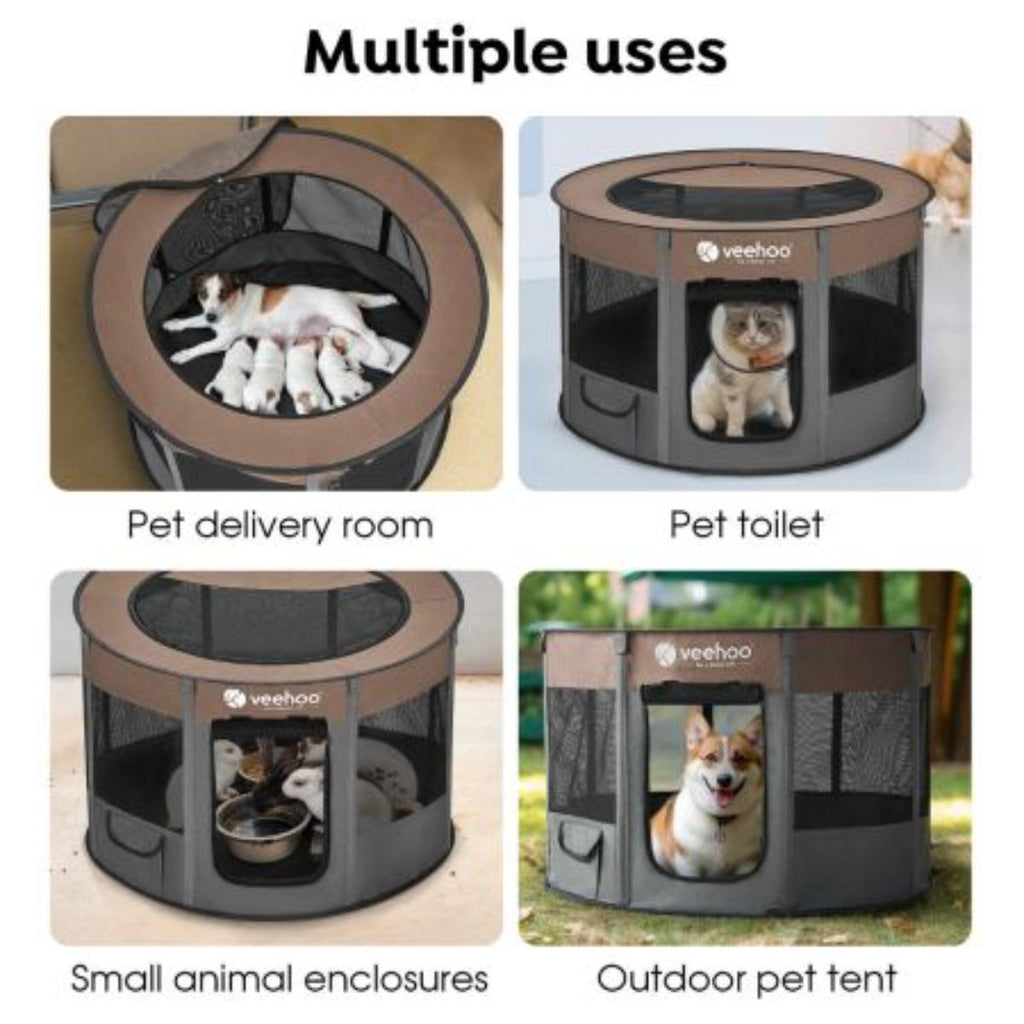 Veehoo Foldable Portable Pet Playpen brown colour front view