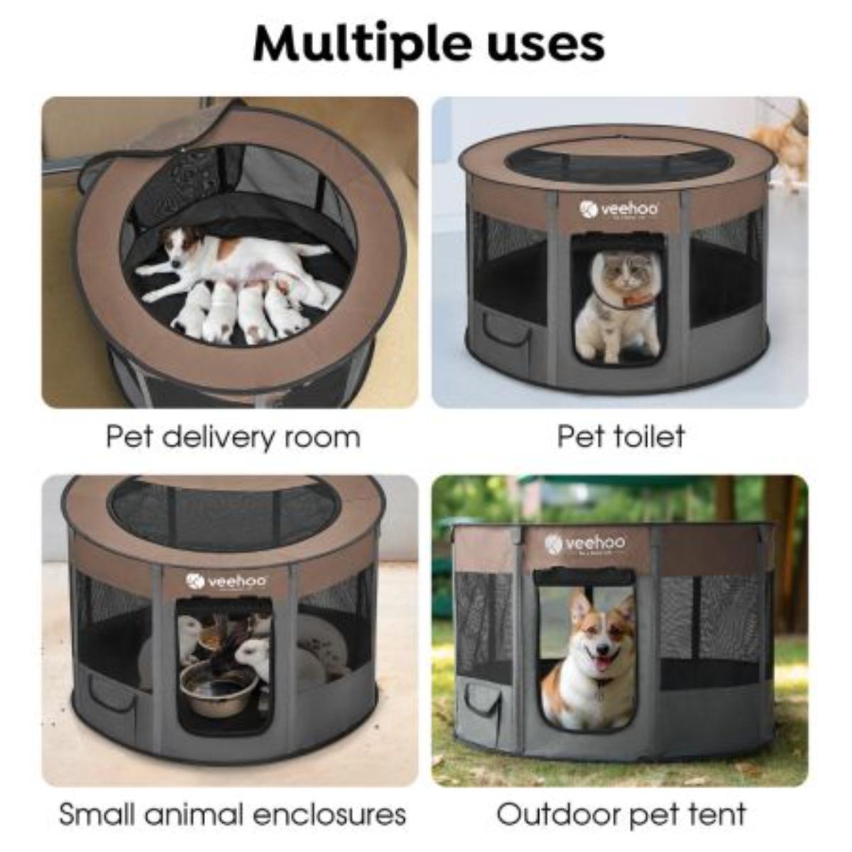 Veehoo Foldable Portable Pet Playpen brown colour front view