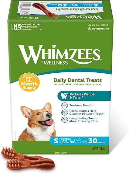 Whimzees Brushzees natural grain‑free dental dog chews shaped like toothbrushes
