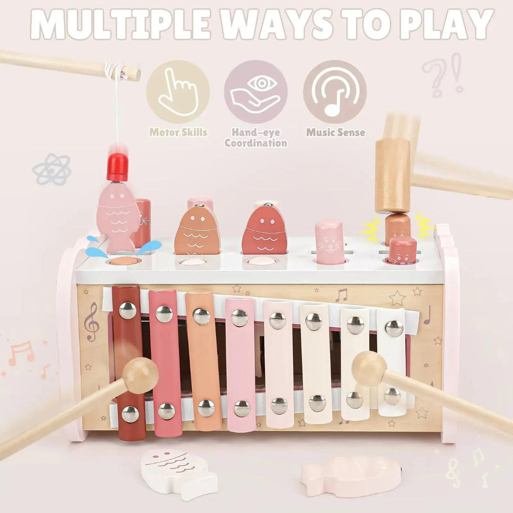 Joyreal Montessori Musical Hammer Set Wooden Toy with Xylophone and Fishing Game for Toddlers