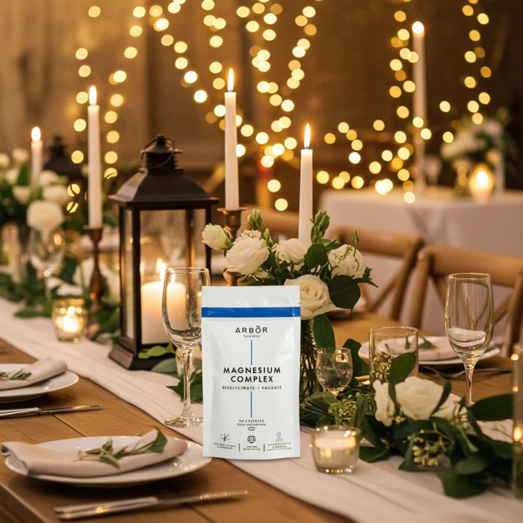 Table setting with candles, flowers, and a package of Arbor Magnesium Complex in the foreground.