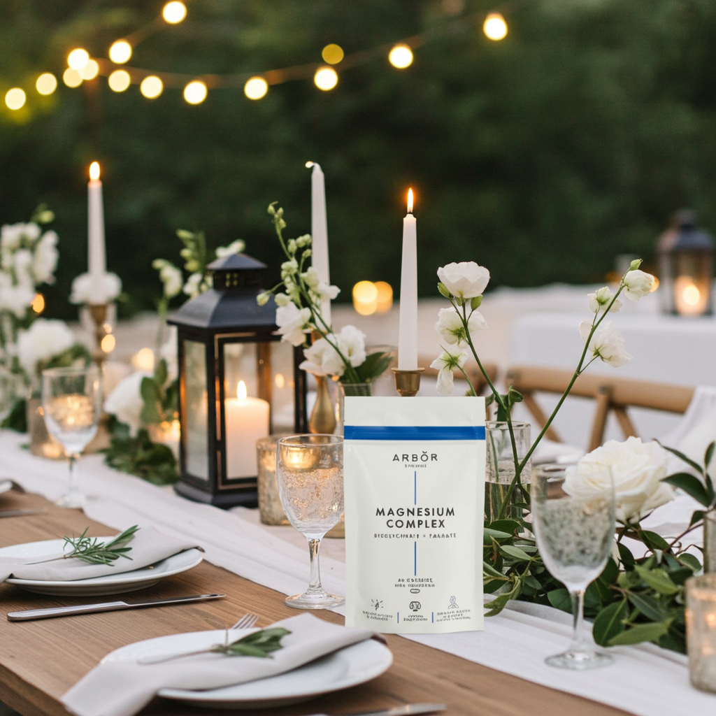 Table setting with Arbor Magnesium Complex supplement, candles, and flowers in an outdoor setting.