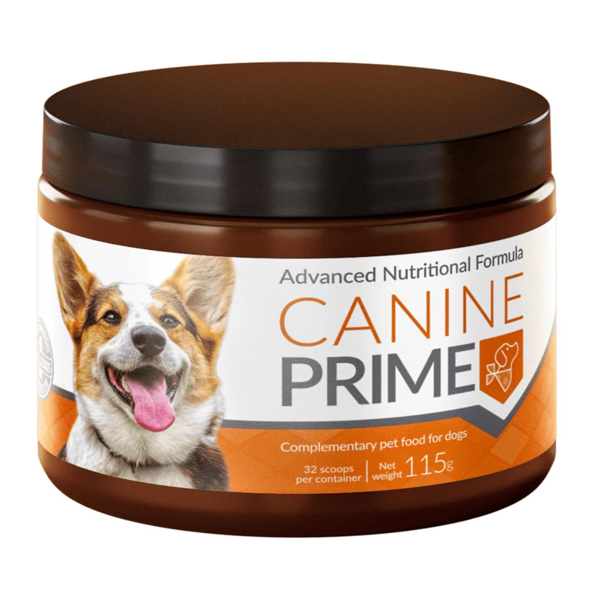 Canine Prime dog health supplement jar with natural superfoods and probiotics for dogs